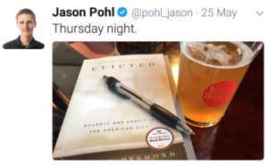Twitter post of Jason Pohl's book and beer (drug).